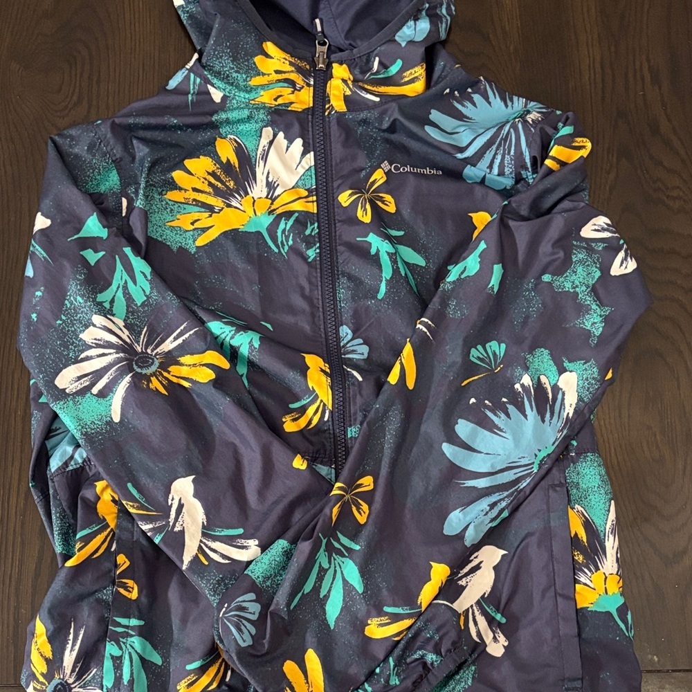 REVERSIBLE Columbia Navy Jacket with Yellow and Teal Floral Pattern